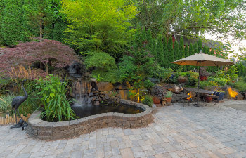 backyard garden landscaping with waterfall pond trees plants trellis decor furniture brick pavers patio hardscape